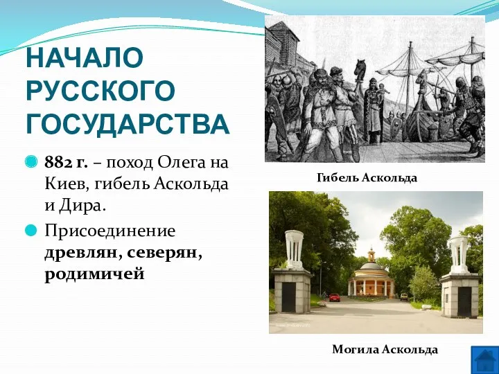 НАЧАЛО РУССКОГО ГОСУДАРСТВА 882 г. – поход Олега на Киев, гибель Аскольда и