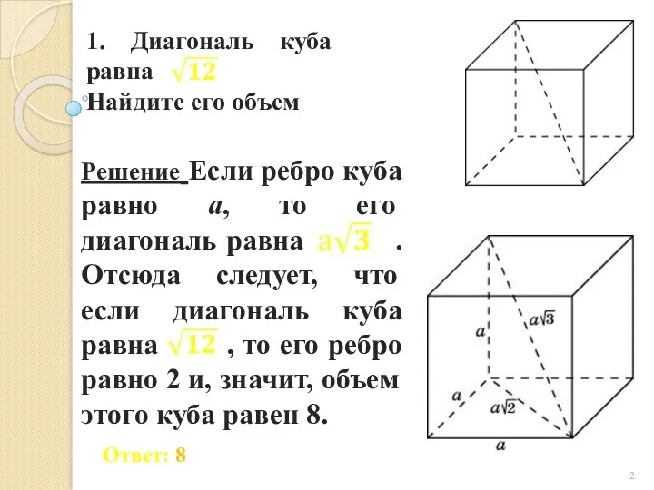 1. Диагональ куба равна Найдите его объем
