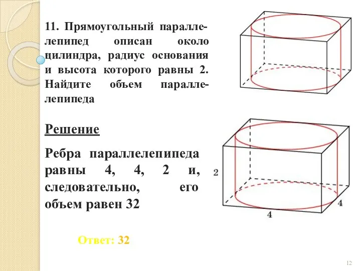 11. Прямоугольный паралле-лепипед описан около цилиндра, радиус основания и высота которого равны 2. Найдите объем паралле-лепипеда