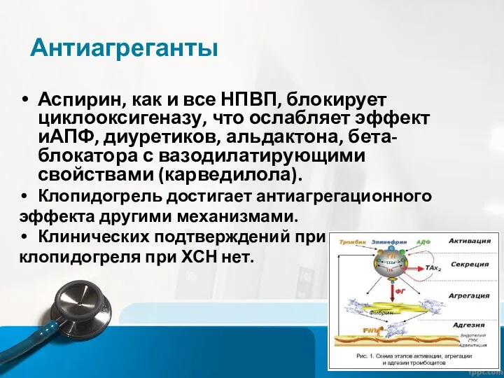 Антиагреганты Аспирин, как и все НПВП, блокирует циклооксигеназу, что ослабляет