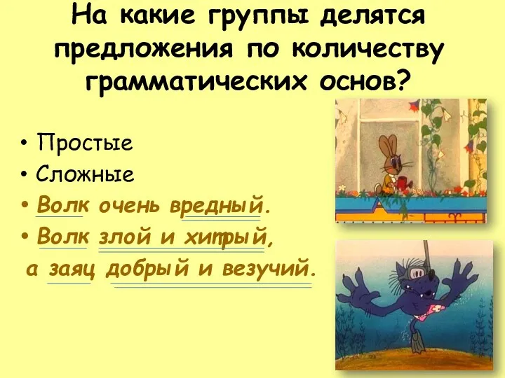 На какие группы делятся предложения по количеству грамматических основ? Простые