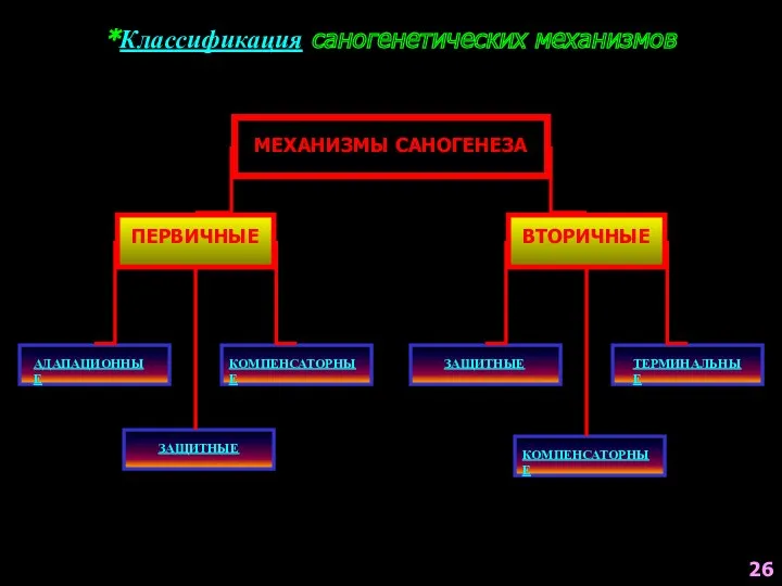 *Классификация саногенетических механизмов МЕХАНИЗМЫ САНОГЕНЕЗА ПЕРВИЧНЫЕ ВТОРИЧНЫЕ АДАПАЦИОННЫЕ ЗАЩИТНЫЕ КОМПЕНСАТОРНЫЕ ЗАЩИТНЫЕ КОМПЕНСАТОРНЫЕ ТЕРМИНАЛЬНЫЕ 26