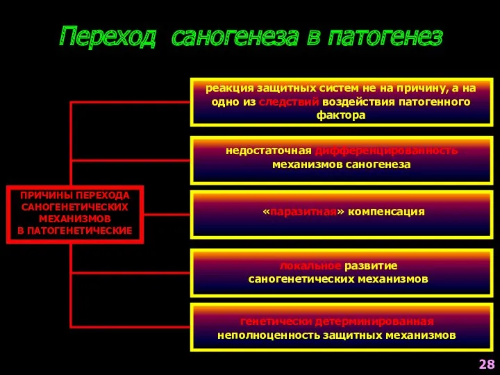 Переход саногенеза в патогенез ПРИЧИНЫ ПЕРЕХОДА САНОГЕНЕТИЧЕСКИХ МЕХАНИЗМОВ В ПАТОГЕНЕТИЧЕСКИЕ