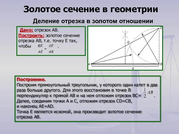 Дано: отрезок АВ. Построить: золотое сечение отрезка АВ, т.е. точку Е так, чтобы