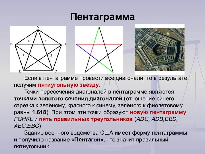 Пентаграмма Если в пентаграмме провести все диагонали, то в результате получим пятиугольную звезду.