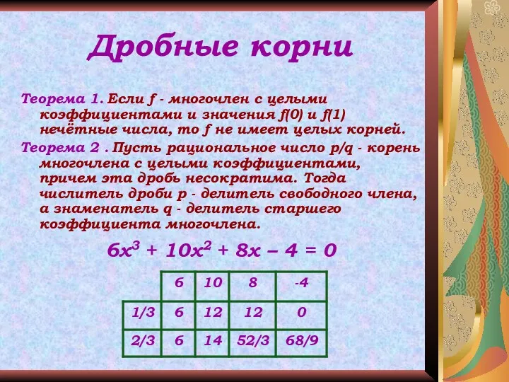 Дробные корни Теорема 1. Если f - многочлен с целыми