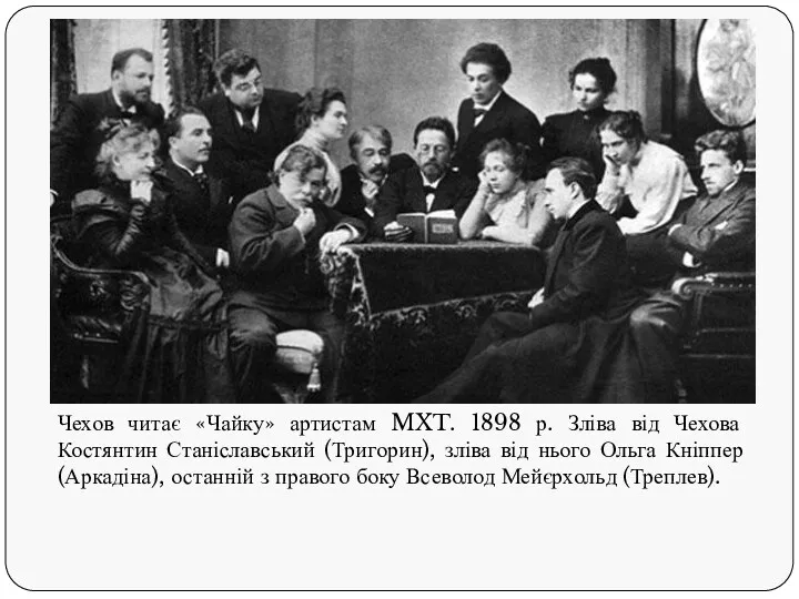 Чехов читає «Чайку» артистам MXT. 1898 р. Зліва від Чехова