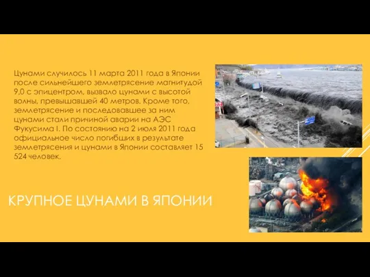 КРУПНОЕ ЦУНАМИ В ЯПОНИИ Цунами случилось 11 марта 2011 года в Японии после