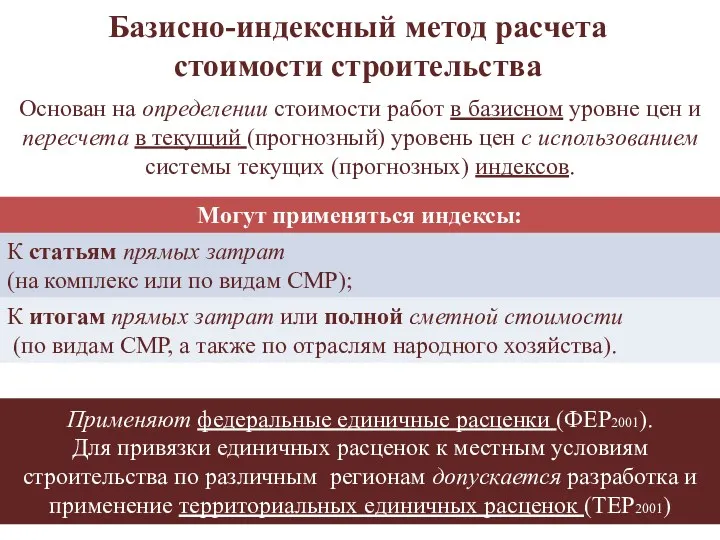 Базисно-индексный метод расчета стоимости строительства Основан на определении стоимости работ