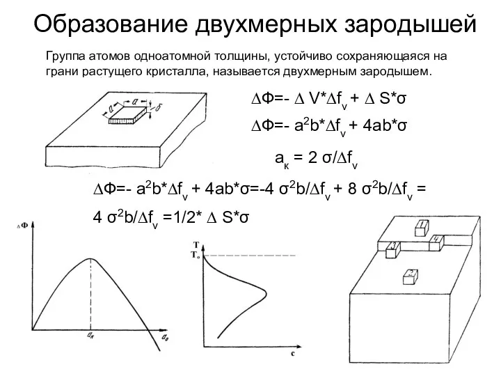 Образование двухмерных зародышей Группа атомов одноатомной толщины, устойчиво сохраняющаяся на грани растущего кристалла,