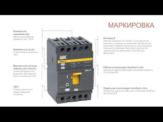 Номинальный ток (In) Уставка теплового расцепителя 125 А Предельная отключающая