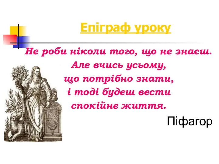 Епіграф уроку Не роби ніколи того, що не знаєш. Але