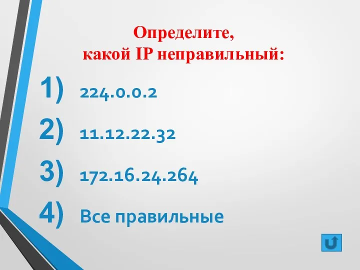 Определите, какой IP неправильный: 224.0.0.2 11.12.22.32 172.16.24.264 Все правильные