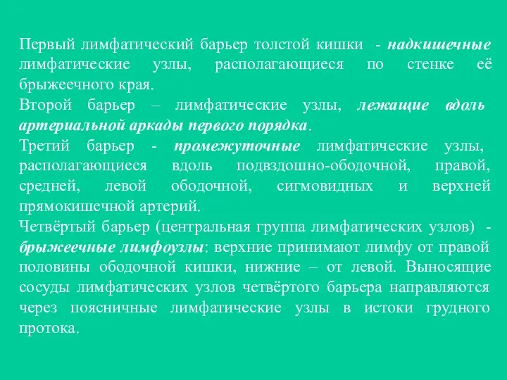 Первый лимфатический барьер толстой кишки - надкишечные лимфатические узлы, располагающиеся