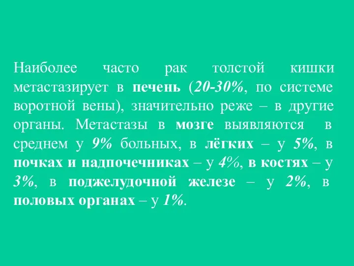 Наиболее часто рак толстой кишки метастазирует в печень (20-30%, по