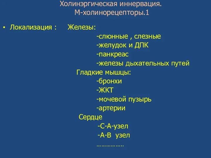 Холинэргическая иннервация. М-холинорецепторы.1 Локализация : Железы: -слюнные , слезные -желудок