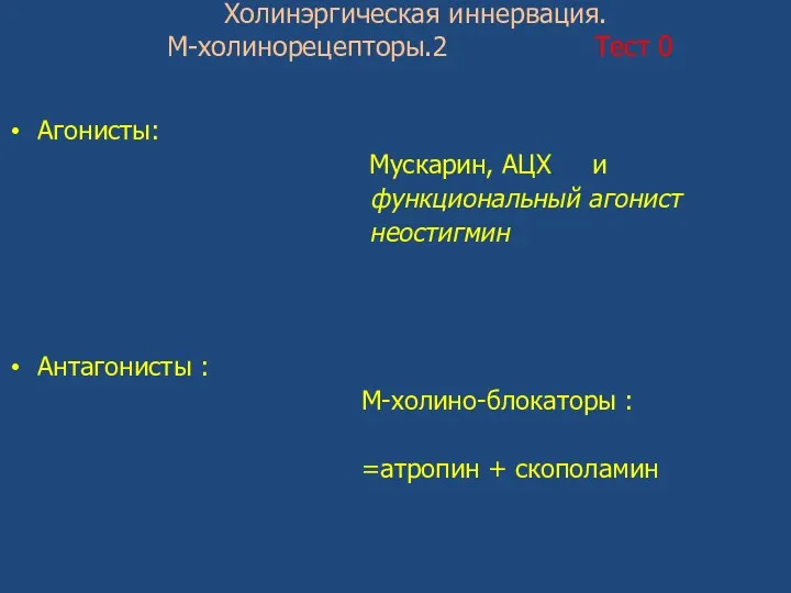 Холинэргическая иннервация. М-холинорецепторы.2 Тест 0 Агонисты: Мускарин, АЦХ и функциональный