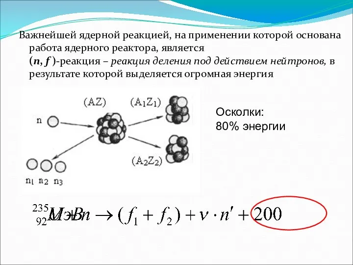 Осколки: 80% энергии Важнейшей ядерной реакцией, на применении которой основана