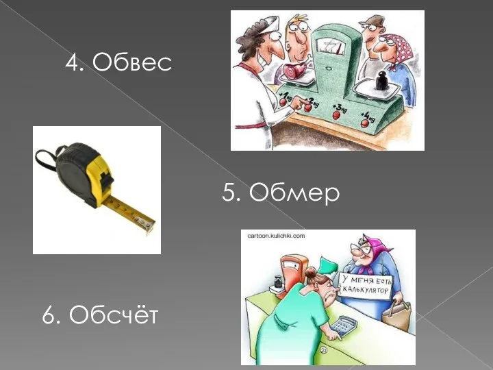 4. Обвес 5. Обмер 6. Обсчёт