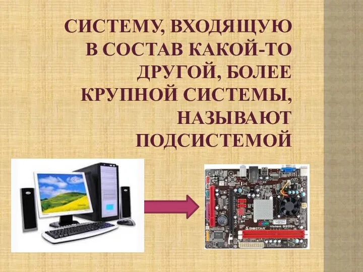 СИСТЕМУ, ВХОДЯЩУЮ В СОСТАВ КАКОЙ-ТО ДРУГОЙ, БОЛЕЕ КРУПНОЙ СИСТЕМЫ, НАЗЫВАЮТ ПОДСИСТЕМОЙ