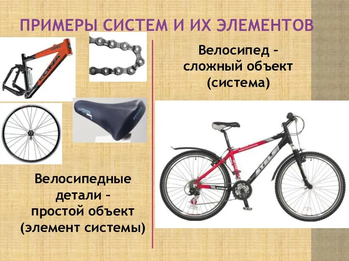 ПРИМЕРЫ СИСТЕМ И ИХ ЭЛЕМЕНТОВ Велосипедные детали – простой объект