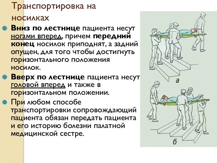 Транспортировка на носилках Вниз по лестнице пациента несут ногами вперед,