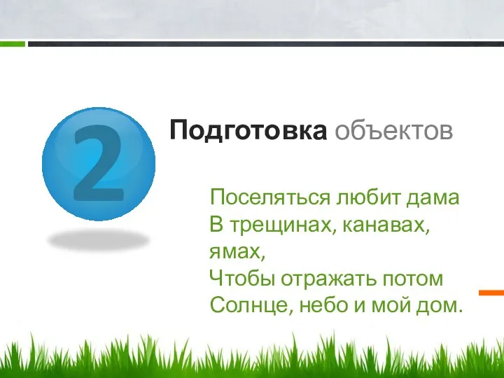 2 Подготовка объектов Поселяться любит дама В трещинах, канавах, ямах,