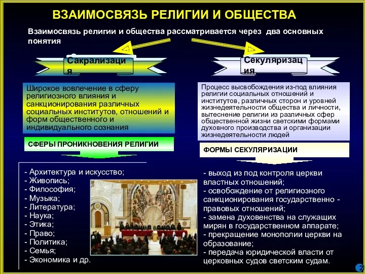 ВЗАИМОСВЯЗЬ РЕЛИГИИ И ОБЩЕСТВА Взаимосвязь религии и общества рассматривается через два основных понятия