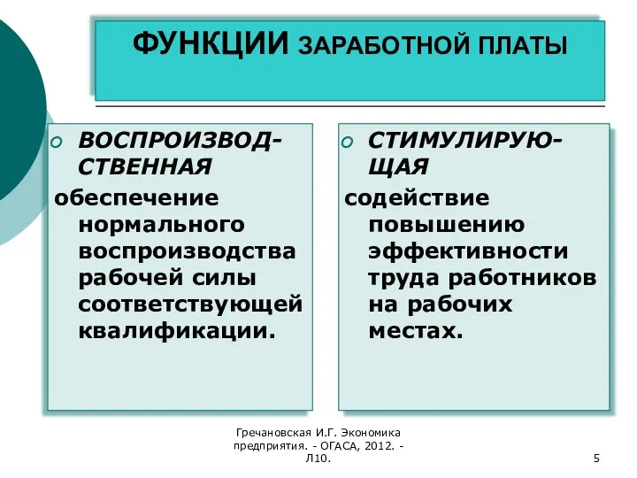 Гречановская И.Г. Экономика предприятия. - ОГАСА, 2012. - Л10. ФУНКЦИИ ЗАРАБОТНОЙ ПЛАТЫ ВОСПРОИЗВОД-СТВЕННАЯ