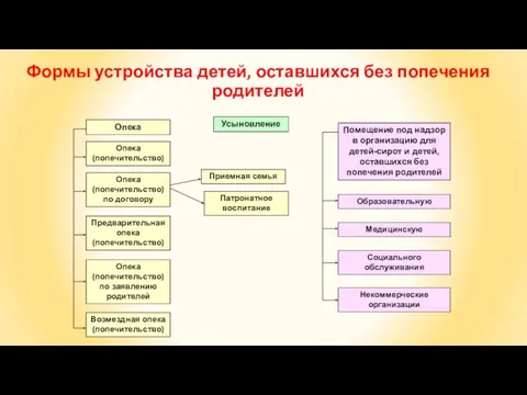 Формы устройства детей, оставшихся без попечения родителей Усыновление Опека Помещение