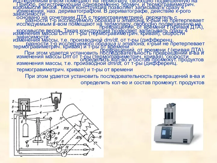 Прибор, регистрирующий одновременно термич. и термогравиметрич. изменения, наз. дериватографом. В дериватографе, действие к-рого