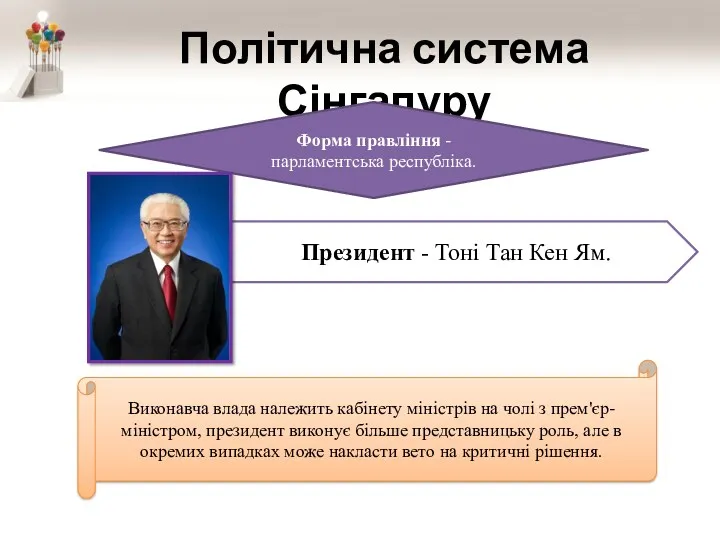 Політична система Сінгапуру Форма правління - парламентська республіка. Президент -