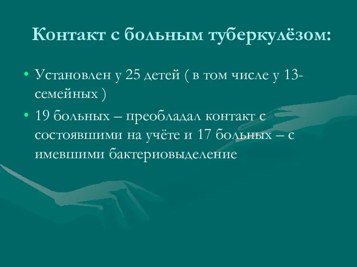 Контакт с больным туберкулёзом: Установлен у 25 детей ( в