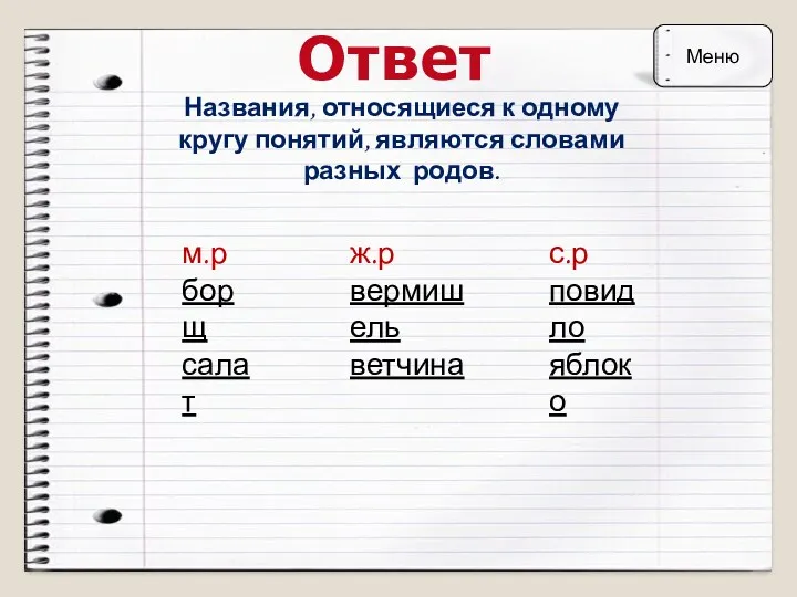 Ответ Названия, относящиеся к одному кругу понятий, являются словами разных