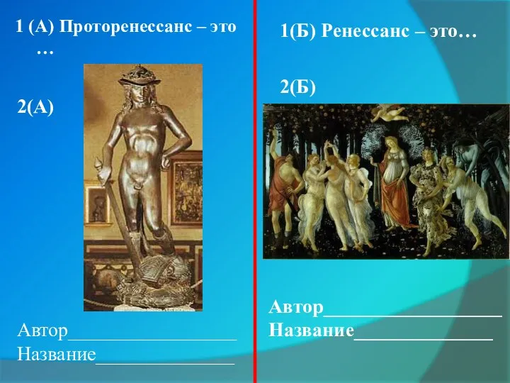 1 (А) Проторенессанс – это … 2(А) 1(Б) Ренессанс – это… 2(Б) Автор_________________ Название______________ Автор__________________ Название______________