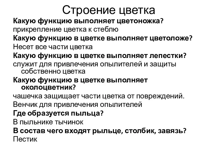 Строение цветка Какую функцию выполняет цветоножка? прикрепление цветка к стеблю