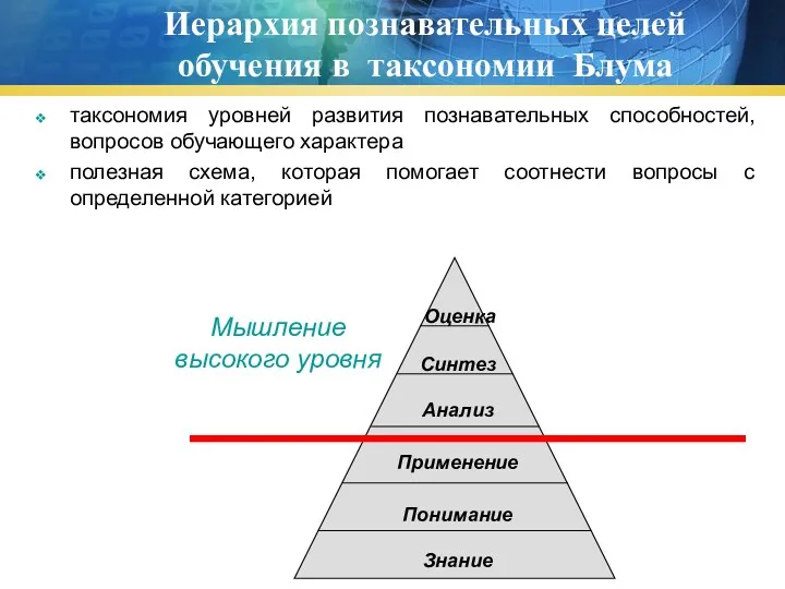 таксономия уровней развития познавательных способностей, вопросов обучающего характера полезная схема,