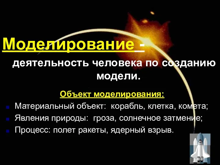 Моделирование - деятельность человека по созданию модели. Объект моделирования: Материальный