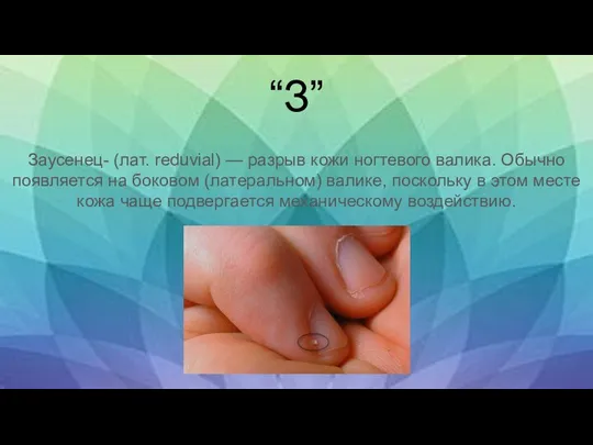 “З” Заусенец- (лат. reduvial) — разрыв кожи ногтевого валика. Обычно