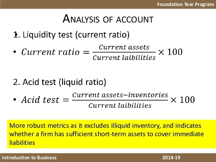 Analysis of account Foundation Year Program Introduction to Business 2018-19