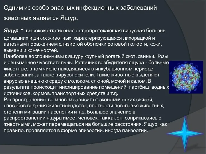 Одним из особо опасных инфекционных заболеваний животных является Ящур. Ящур