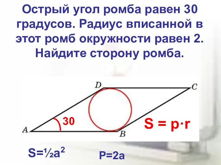 Острый угол ромба равен 30 градусов. Радиус вписанной в этот