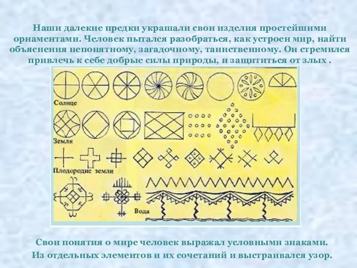 Наши далекие предки украшали свои изделия простейшими орнаментами. Человек пытался