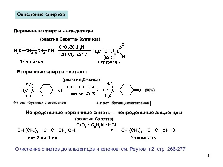 Окисление спиртов Первичные спирты - альдегиды (реактив Саретта-Коллинза) Вторичные спирты