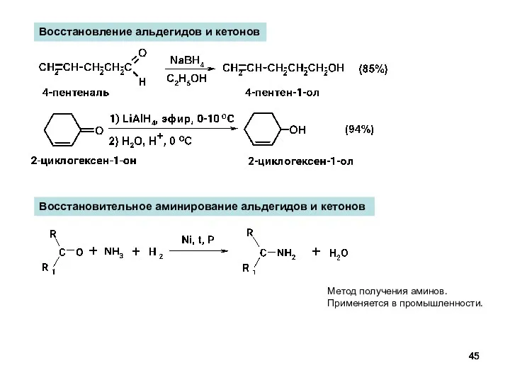 Восстановление альдегидов и кетонов Восстановительное аминирование альдегидов и кетонов Метод получения аминов. Применяется в промышленности.