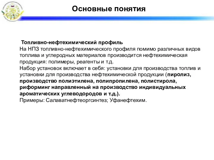 Основные понятия Топливно-нефтехимический профиль На НПЗ топливно-нефтехимического профиля помимо различных видов топлива и