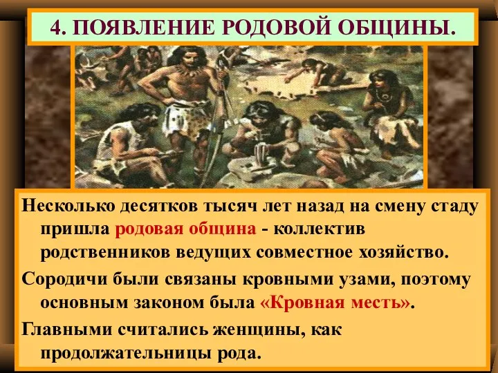 4. ПОЯВЛЕНИЕ РОДОВОЙ ОБЩИНЫ. Несколько десятков тысяч лет назад на