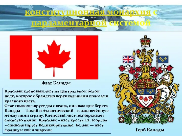 конституционная монархия с парламентарной системой Флаг Канады Герб Канады Красный кленовый лист на