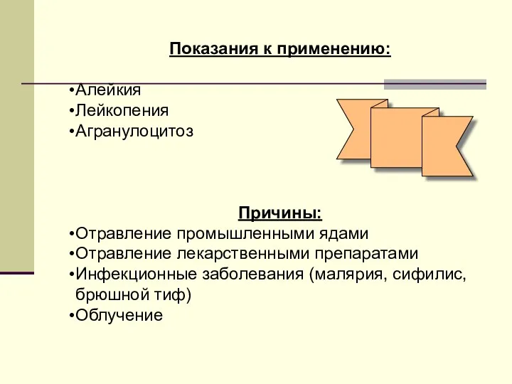 Показания к применению: Алейкия Лейкопения Агранулоцитоз Причины: Отравление промышленными ядами