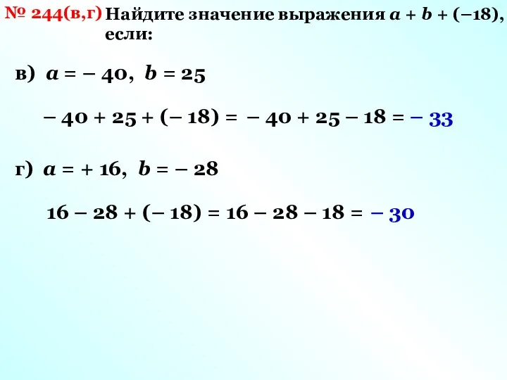 № 244(в,г) Найдите значение выражения а + b + (–18),